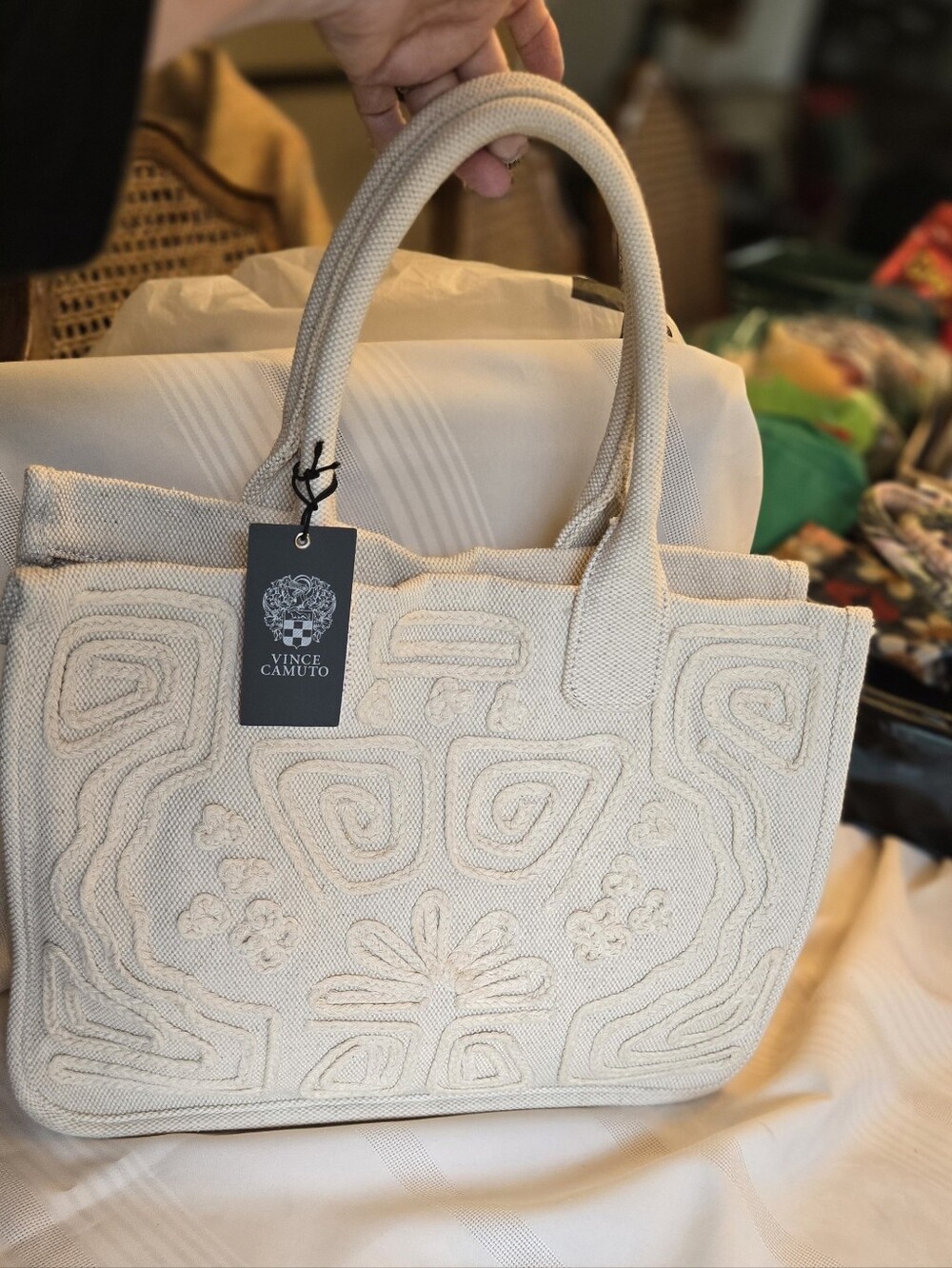 NWT Vince Camuto Embroidered Cream Cotton Tote